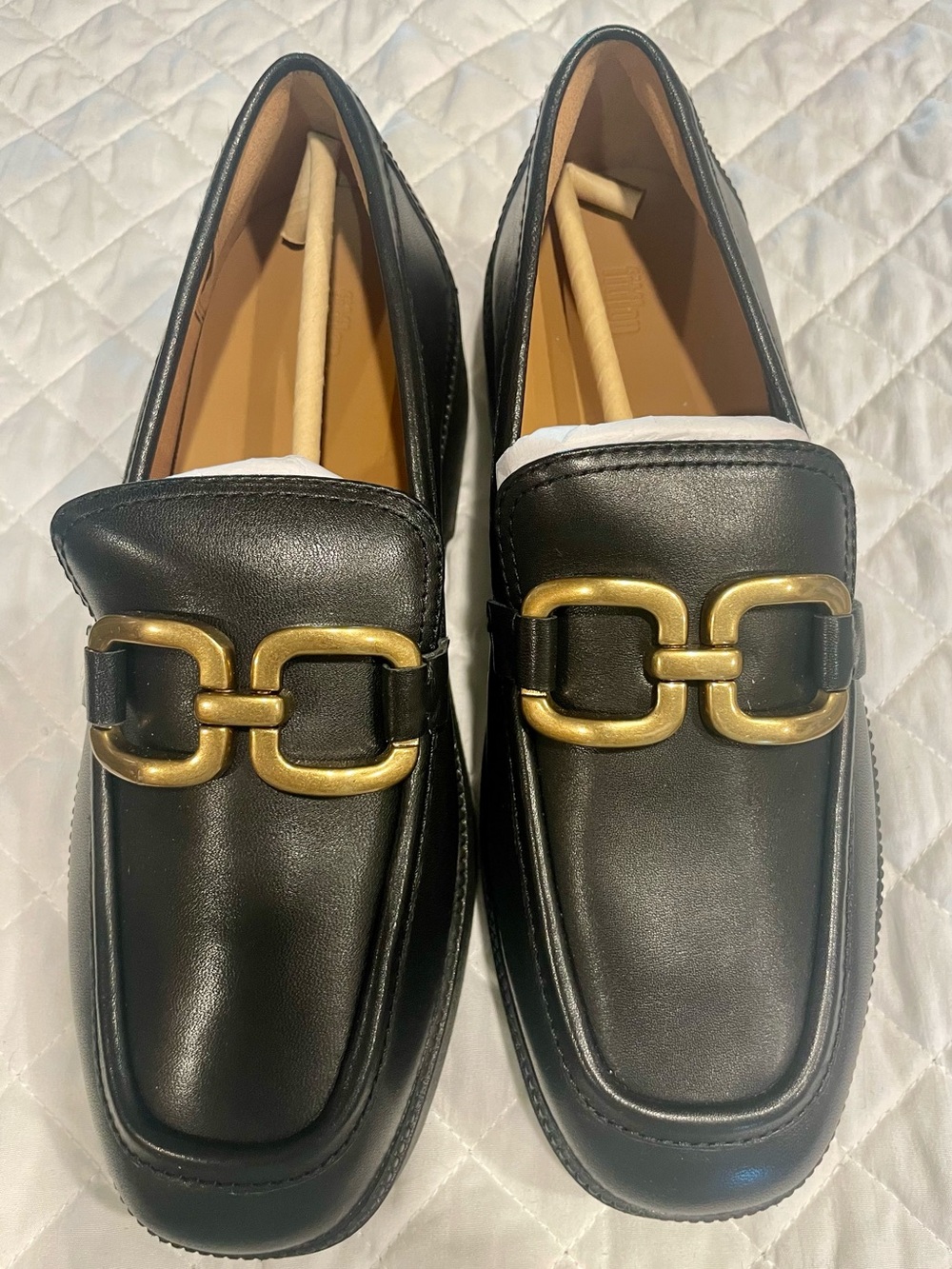 FitFlop F-Luma Square Chain Leather Demi-Wedge Loafers Black 9 NIB